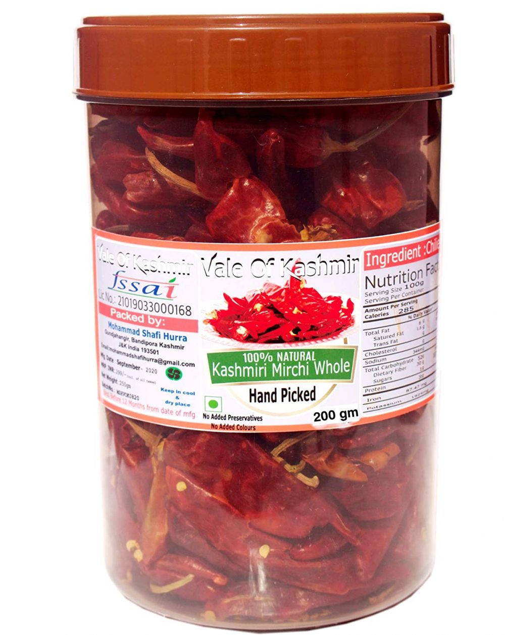 Vale Of Kashmir Kashmiri Red Mirchi / Chilli Whole 200 Gram in Food Grade Jar | Natural Organic Hand Processed