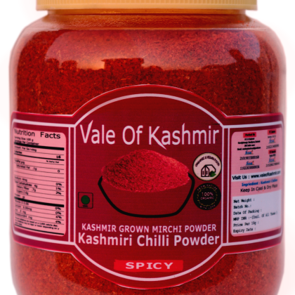 Vale Of Kashmir Red Chilli Powder 500 Grams In Food Grade Jar, Kashmiri Mirchi Powder, 100% Pure, No Added Colour/Preservatives