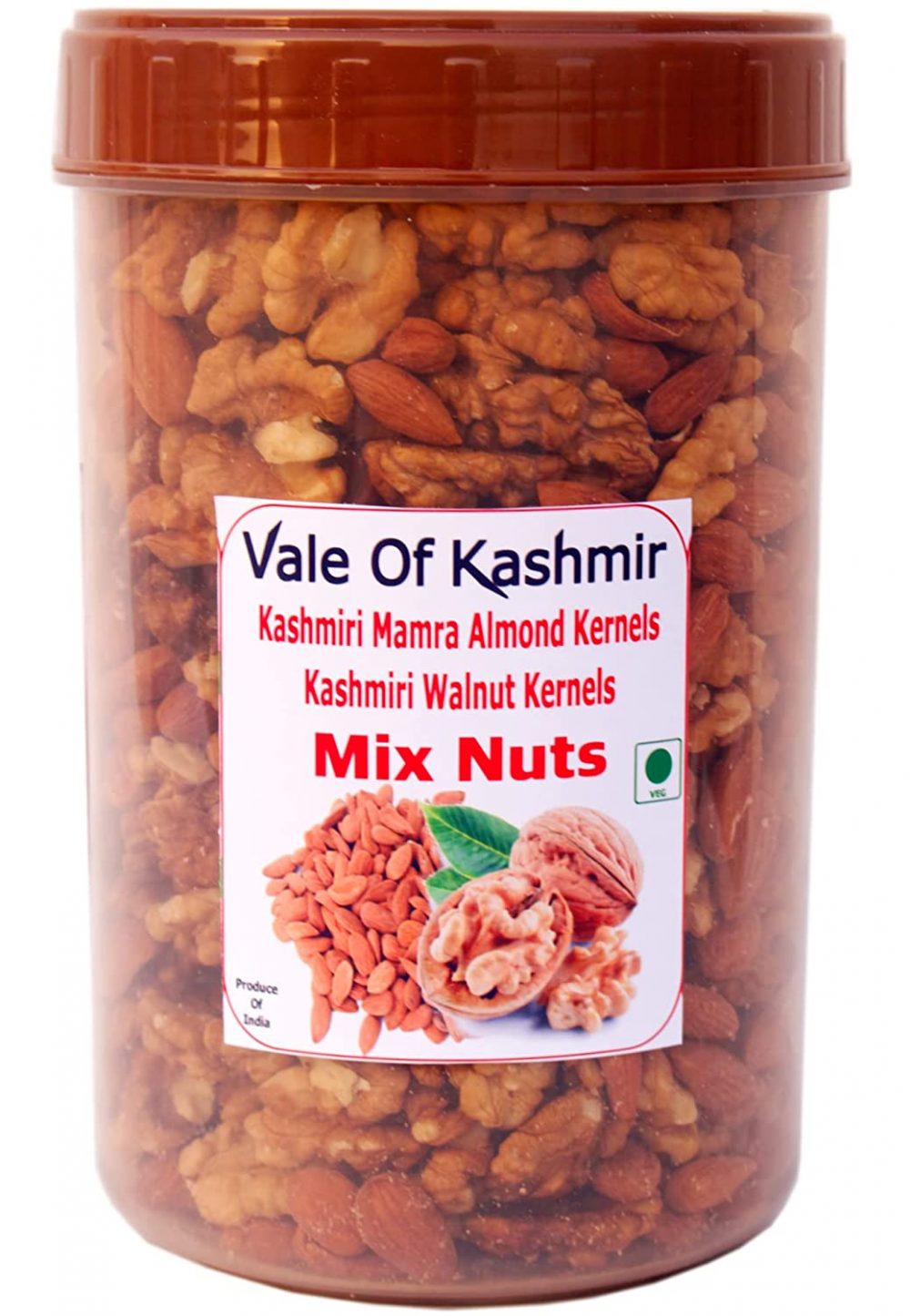 Vale Of Kashmir Mix Nuts, Walnut Kernels & Kashmiri Mamra Almond Kernels 1 kg in Jar , 500 Gram Each