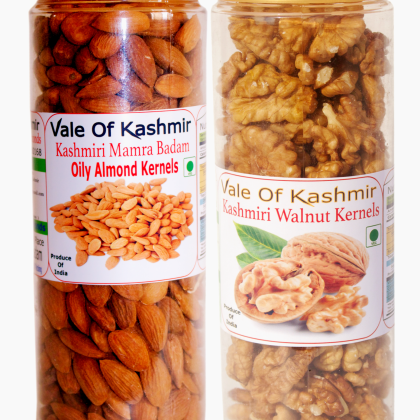 Vale Of Kashmir Kashmiri Mamra Almonds Badam Kernels and Kashmiri Walnut Kernels 500 Gm in Jar Pack of 2 Kashmiri Badam Giri & Kashmiri Akhrot Giri