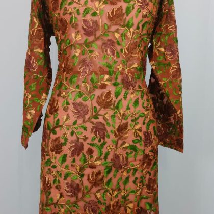 Elegant Peach Georgette Kurta with All-Over Kashmiri Aari Floral Embroidery for Festive and Semi-Formal Wear