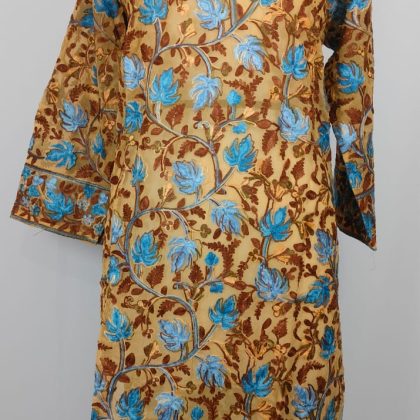 Elegant Mustard Georgette Kurta with Blue Kashmiri Aari Floral Embroidery for Festive and Semi-Formal Wear