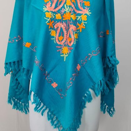 Handcrafted Kashmiri Embroidered Pheran Style Poncho in Turquoise with Floral Aari Work Traditional Winter Shawl Inspired Elegance