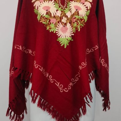 Elegant Hand Embroidered Floral Poncho Kaftan in Deep Red with Fringed Hem Traditional Artisan Statement Wear for Women Festive Occasions