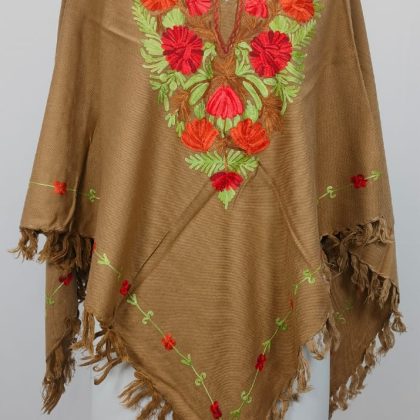Hand Embroidered Floral Poncho Kaftan in Warm Brown with Fringed Hem Traditional Artisan Women’s Elegant  Wear