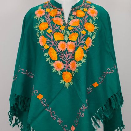 Kashmiri Hand Embroidered Floral Poncho Kaftan in Emerald Green with Fringed Hem Artisan Traditional Women’s Festive and Regular Wear