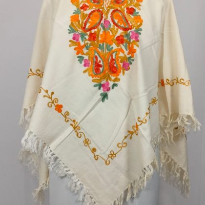 Kashmiri Hand Embroidered Floral Poncho Kaftan in Ivory with Cotton Weave Fringed Hem Artisan Crafted Women’s Elegant Wear