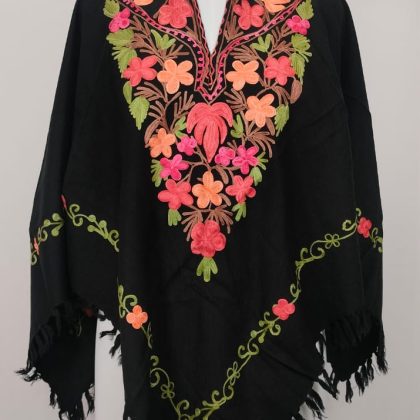 Kashmiri Hand Embroidered Floral Poncho Kaftan in Deep Black with Multicolor Threadwork Fringed Hem Artisan Women’s Elegant Wear