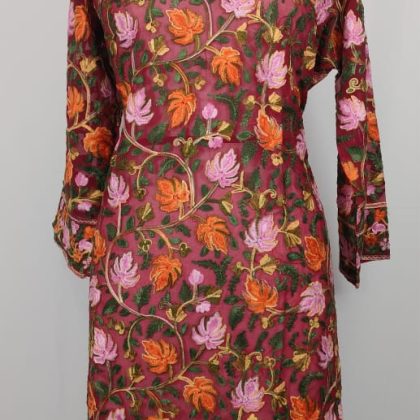 Maroon Georgette Kurta with Intricate Kashmiri Aari Floral Embroidery for Festive Traditional and Elegant Semi-Formal Wear