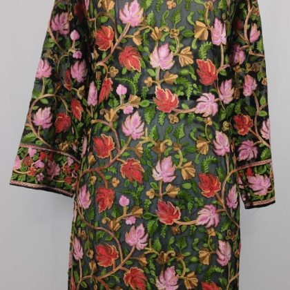 Dark Green Georgette Kurta with Multicolor Kashmiri Aari Floral Embroidery for Festive Traditional and Elegant Semi-Formal Wear