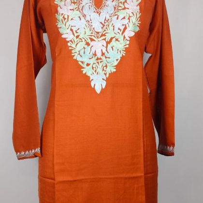 Elegant Rust Orange Kashmiri Handwork Kurti with Floral Embroidery in Summer Cool Fabric for Daily and Festive Wear