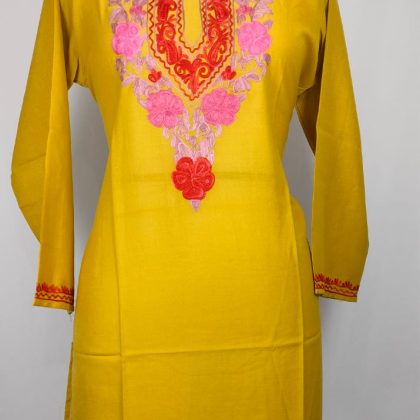 Elegant Mustard Yellow Kashmiri Handwork Kurti with Floral Embroidery in Summer Cool Fabric for Daily and Festive Wear