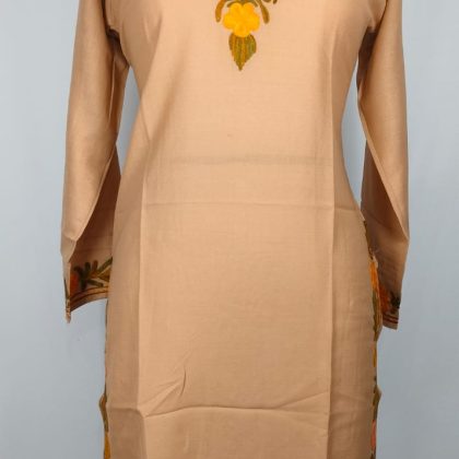Elegant Beige Kashmiri Handwork Kurti with Floral Embroidery in Summer Cool Fabric for Graceful Daily and Festive Wear