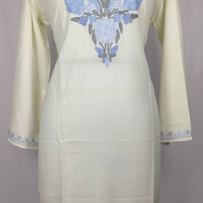 Elegant Off White Kashmiri Handwork Short Kurti with Floral Blue Embroidery in Summer Cool Fabric for Daily and Festive Wear