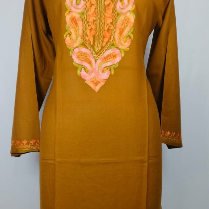 Elegant Brown Kashmiri Handwork Kurti with Intricate Floral Embroidery in Summer Cool Fabric for Daily and Festive Wear