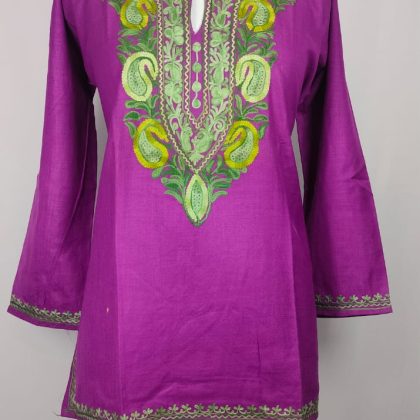 Elegant Purple Kashmiri Handwork Kurti with Intricate Paisley Floral Embroidery in Summer Cool Fabric for Daily Wear
