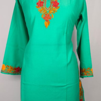 Elegant Sea Green Kashmiri Handwork Kurti with Floral Embroidery in Summer Cool Fabric for Daily and Festive Wear