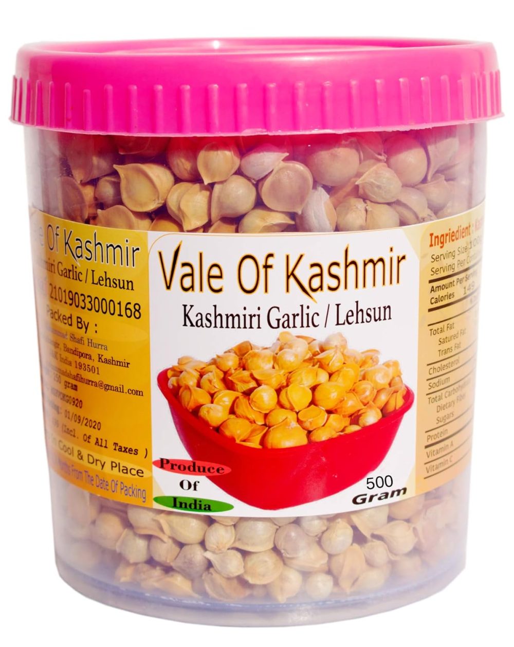 Vale Of Kashmir Kashmiri Lehsun Himalayan Single Clove in Food Grade Jar | Snow Mountain Garlic (500)